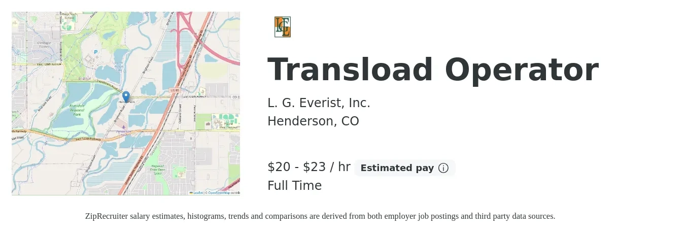 L. G. Everist, Inc. job posting for a Transload Operator in Henderson, CO with a salary of $21 to $24 Hourly with a map of Henderson location.