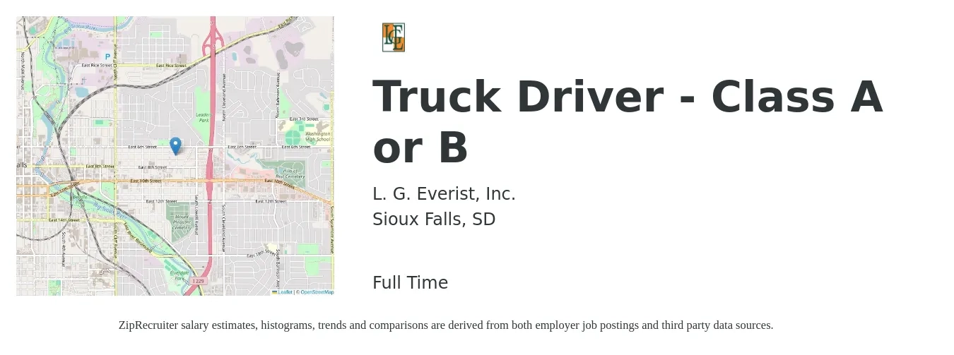 L. G. Everist, Inc. job posting for a Truck Driver - Class A or B in Sioux Falls, SD with a salary of $20 to $33 Hourly with a map of Sioux Falls location.
