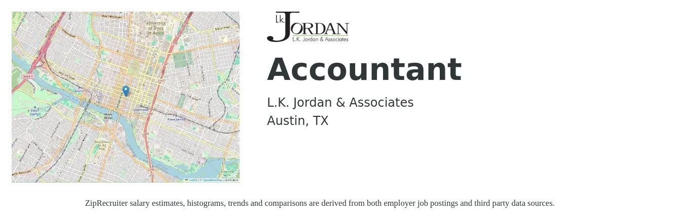 L.K. Jordan & Associates job posting for a Accountant in Austin, TX with a salary of $53,000 to $77,800 Yearly with a map of Austin location.