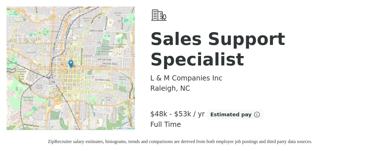 L & M Companies Inc job posting for a Sales Support Specialist in Raleigh, NC with a salary of $48,000 to $53,000 Yearly with a map of Raleigh location.