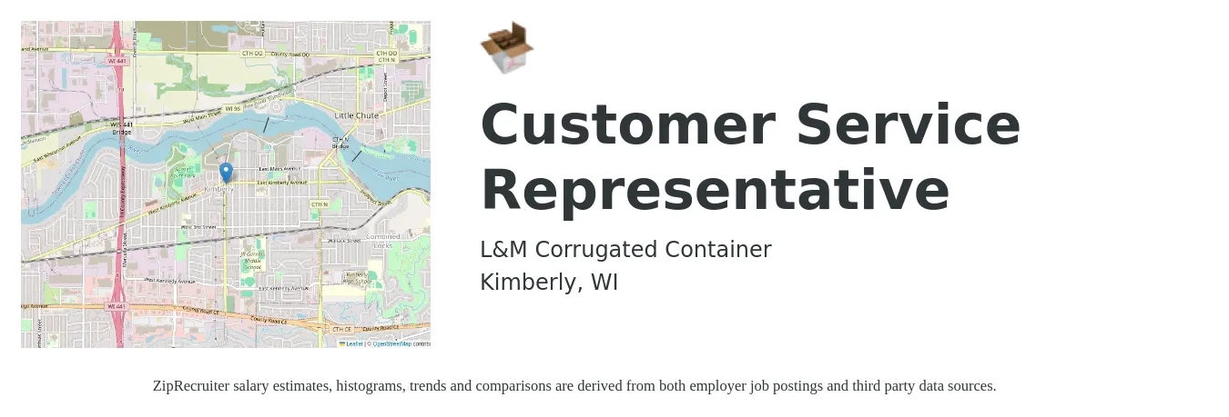 L&M Corrugated Container job posting for a Customer Service Representative in Kimberly, WI with a salary of $16 to $22 Hourly with a map of Kimberly location.