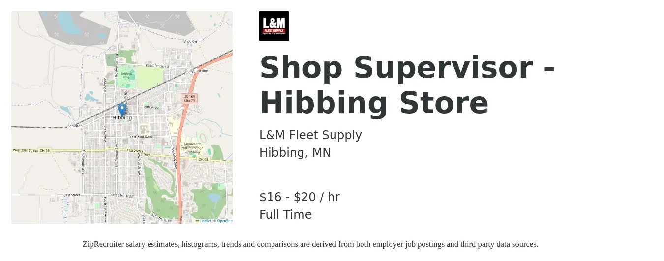 L&M Fleet Supply job posting for a Shop Supervisor - Hibbing Store in Hibbing, MN with a salary of $17 to $21 Hourly with a map of Hibbing location.