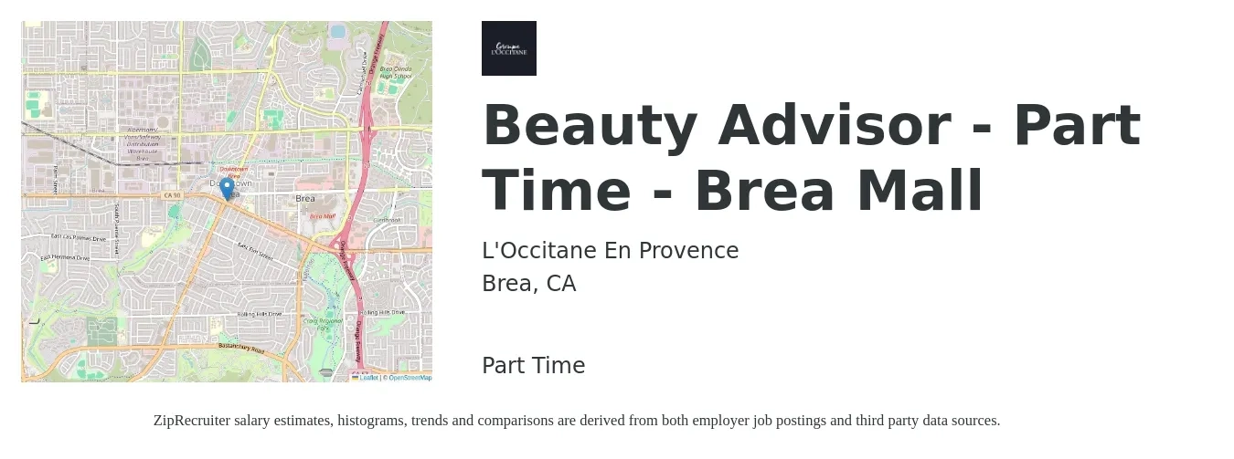 L'Occitane En Provence job posting for a Beauty Advisor - Part Time - Brea Mall in Brea, CA with a salary of $22 Hourly with a map of Brea location.