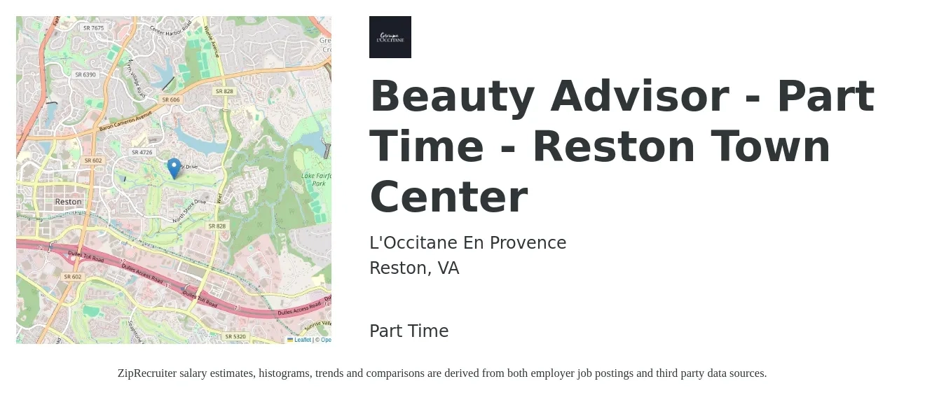 L'Occitane En Provence job posting for a Beauty Advisor - Part Time - Reston Town Center in Reston, VA with a salary of $17 to $21 Hourly with a map of Reston location.