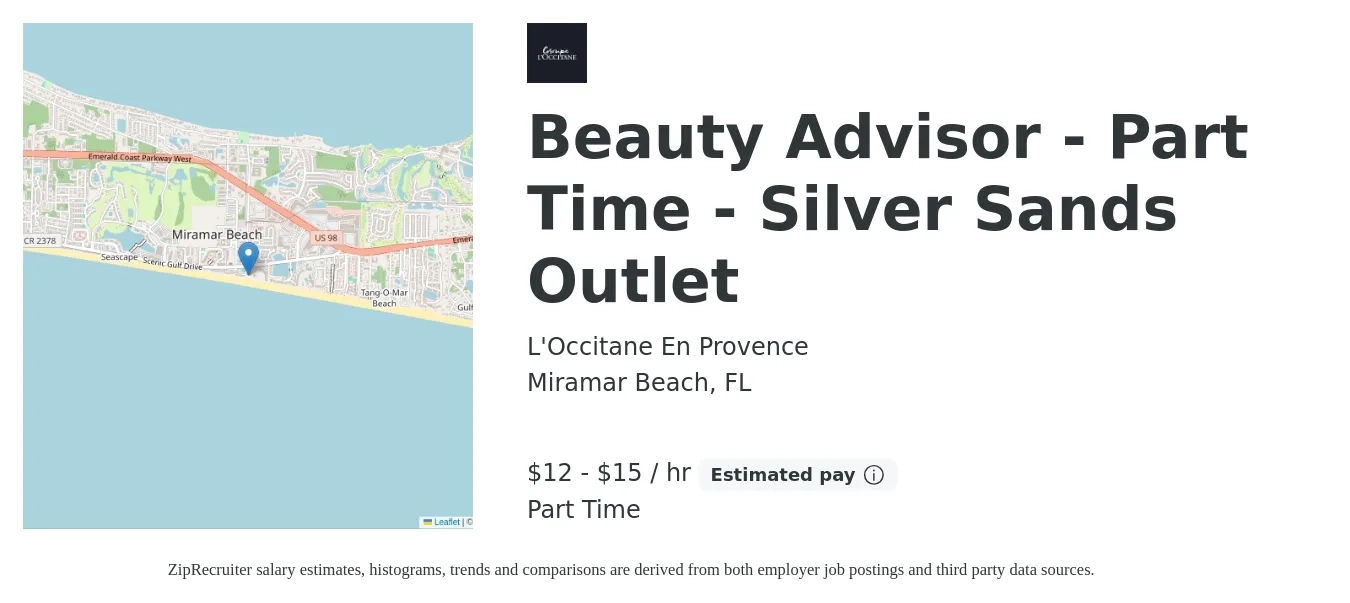 L'Occitane En Provence job posting for a Beauty Advisor - Part Time - Silver Sands Outlet in Miramar Beach, FL with a salary of $13 to $16 Hourly with a map of Miramar Beach location.
