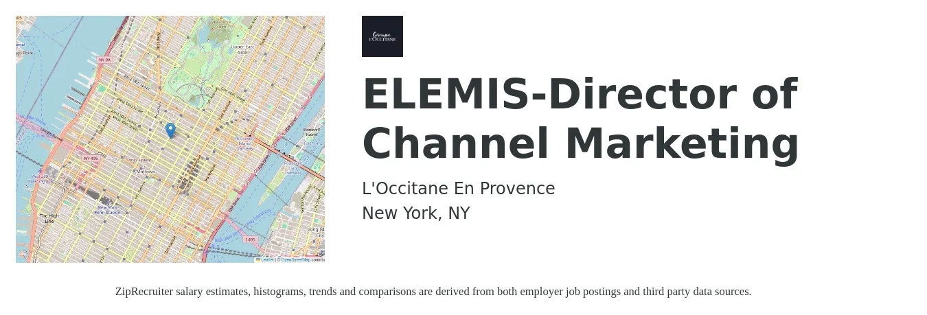 LOccitane En Provence job posting for a ELEMIS-Director of Channel Marketing in New York, NY with a salary of $138,400 to $168,100 Yearly with a map of New York location.