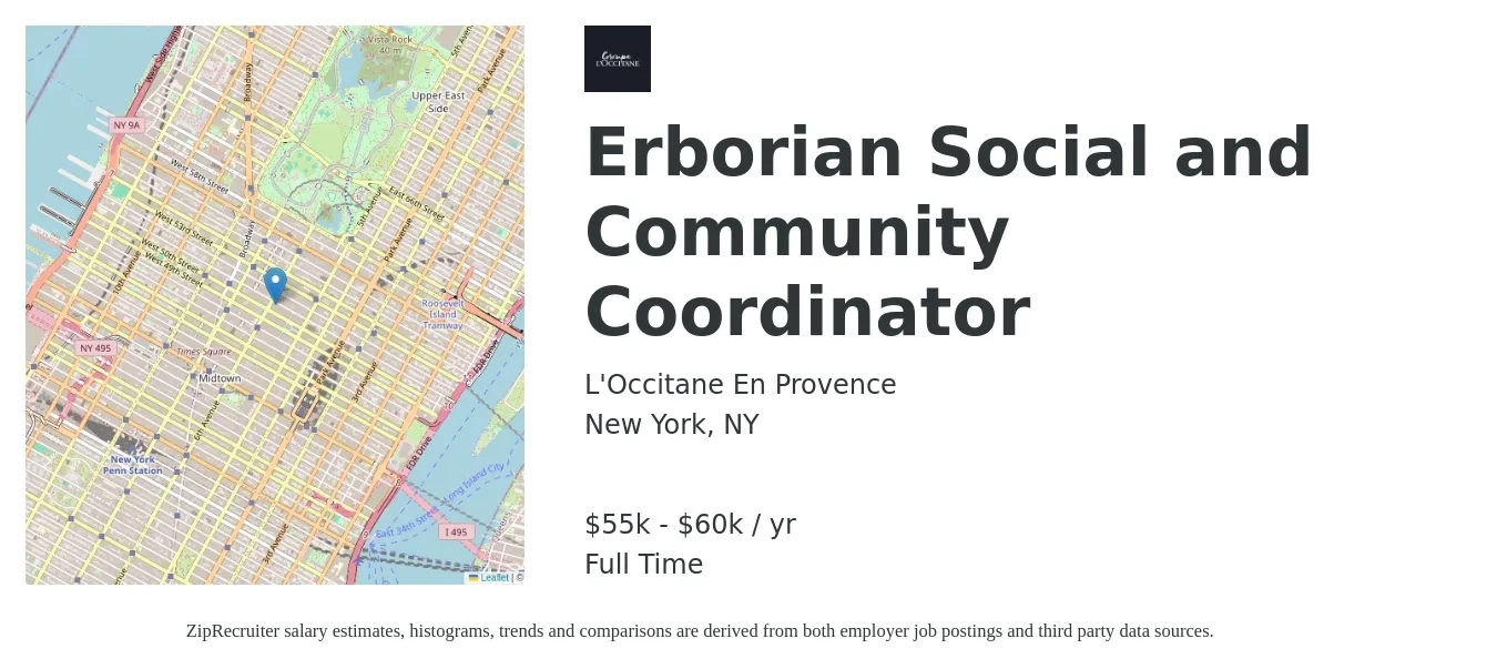 L'Occitane En Provence job posting for a Erborian Social and Community Coordinator in New York, NY with a salary of $55,000 to $60,000 Yearly with a map of New York location.