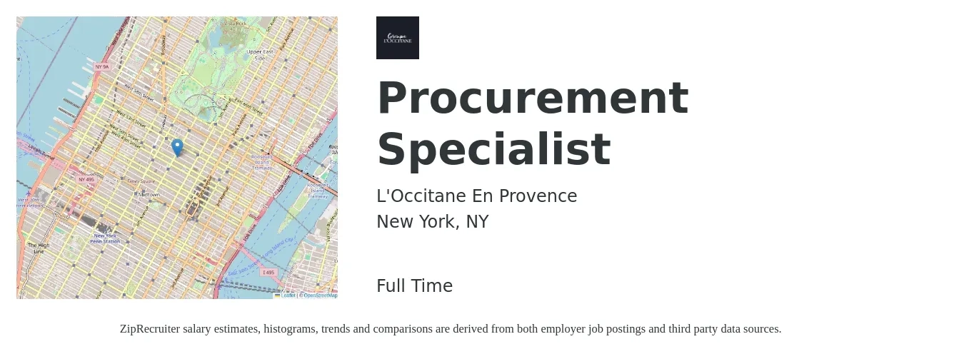 L'Occitane En Provence job posting for a Procurement Specialist in New York, NY with a salary of $70,000 to $80,000 Yearly with a map of New York location.