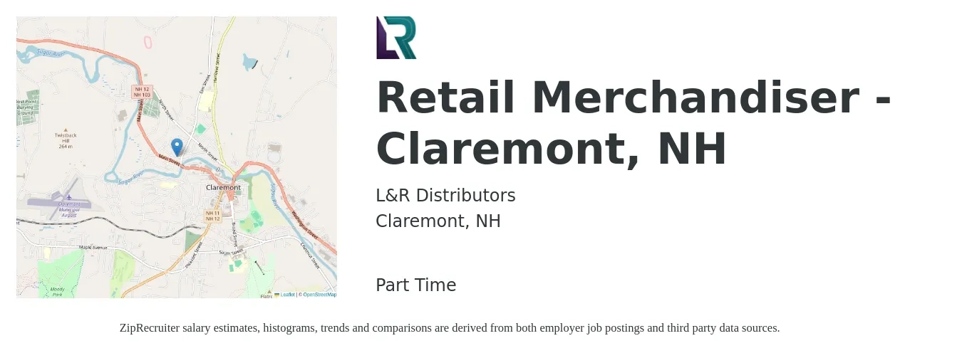 L&R Distributors job posting for a Retail Merchandiser - Claremont, NH in Claremont, NH with a salary of $15 to $16 Hourly with a map of Claremont location.