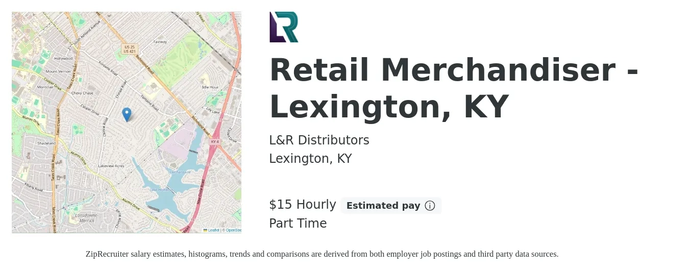 L&R DISTRIBUTORS job posting for a Retail Merchandiser - Lexington, KY in Lexington, KY with a salary of $12 to $15 Hourly with a map of Lexington location.