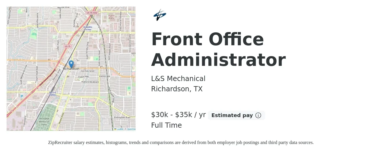 L&S Mechanical job posting for a Front Office Administrator in Richardson, TX with a salary of $30,000 to $35,000 Yearly with a map of Richardson location.