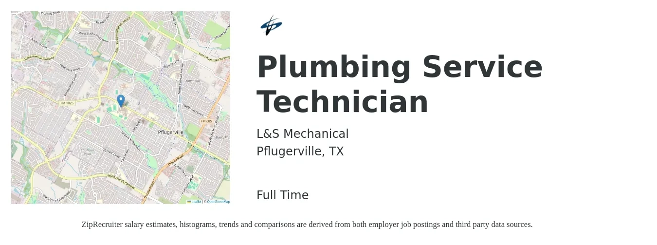 L&S Mechanical job posting for a Plumbing Service Technician in Pflugerville, TX with a salary of $35,000 Yearly with a map of Pflugerville location.