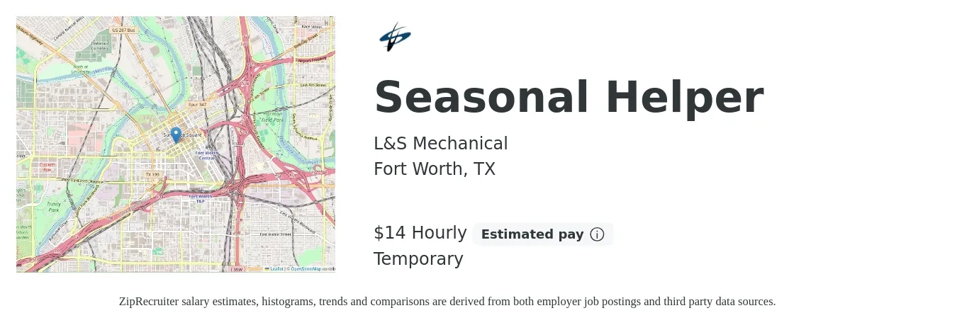 L&S Mechanical job posting for a Seasonal Helper in Fort Worth, TX with a salary of $15 Hourly with a map of Fort Worth location.