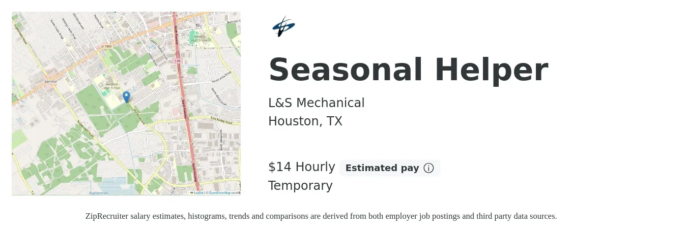 L&S Mechanical job posting for a Seasonal Helper in Houston, TX with a salary of $15 Hourly with a map of Houston location.