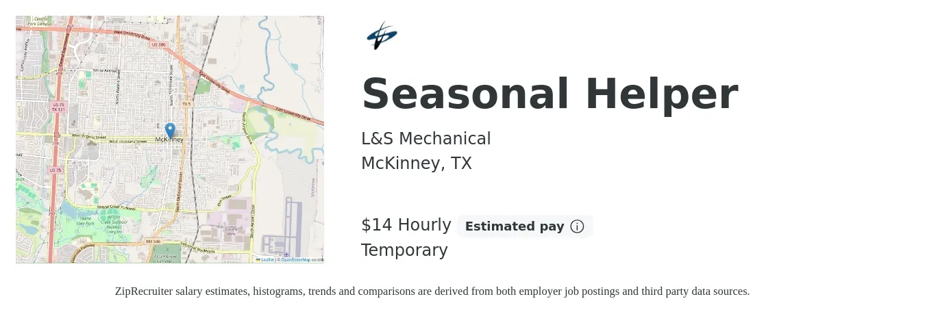 L&S Mechanical job posting for a Seasonal Helper in McKinney, TX with a salary of $15 Hourly with a map of McKinney location.
