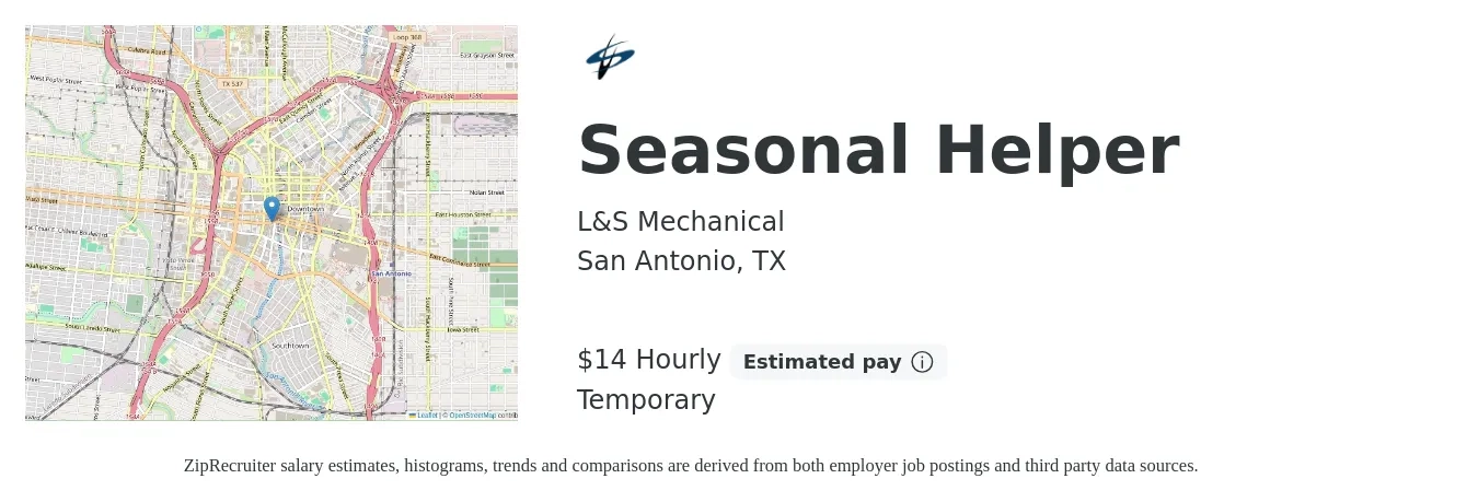 L&S Mechanical job posting for a Seasonal Helper in San Antonio, TX with a salary of $15 Hourly and benefits including life_insurance, medical, pto, retirement, vision, and dental with a map of San Antonio location.