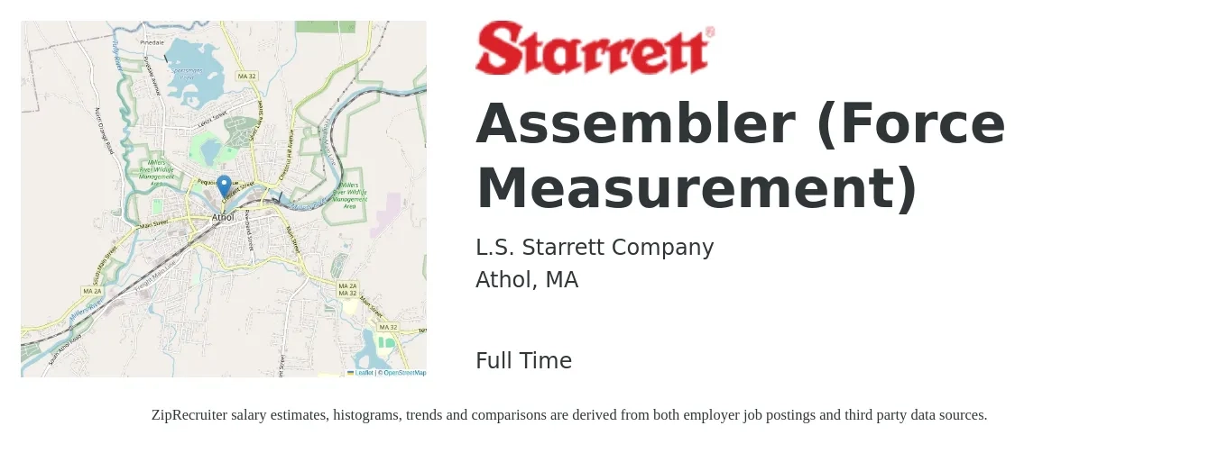 L.S. Starrett Company job posting for a Assembler (Force Measurement) in Athol, MA with a salary of $19 to $24 Hourly with a map of Athol location.