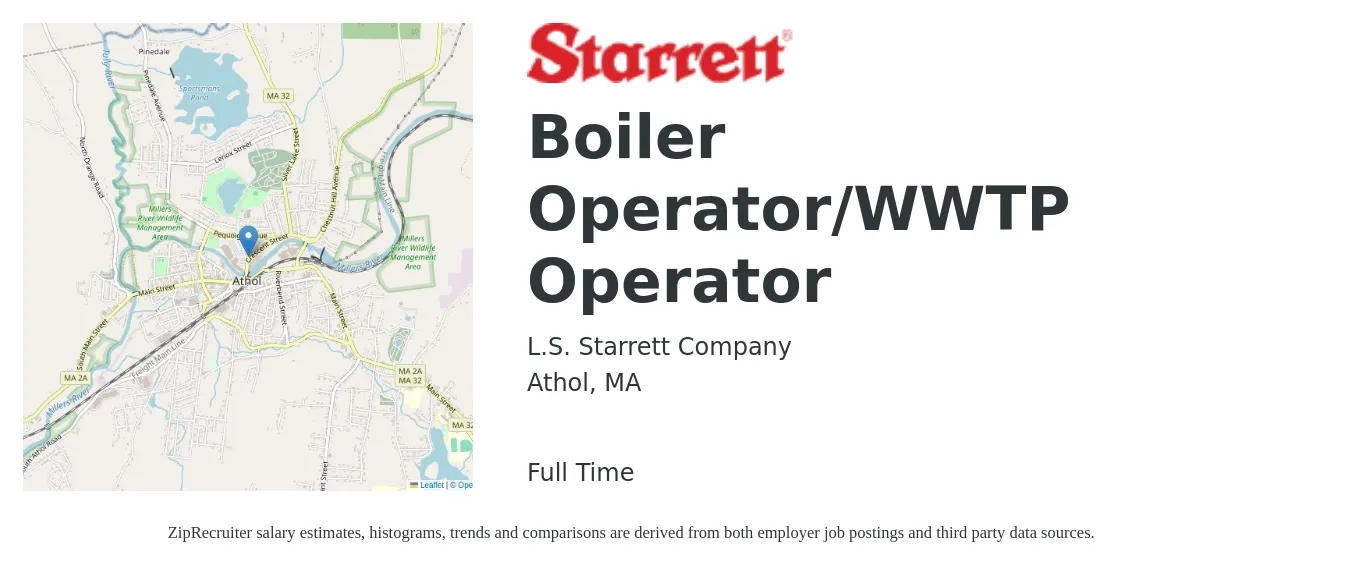 L.S. Starrett Company job posting for a Boiler Operator/WWTP Operator in Athol, MA with a salary of $26 to $36 Hourly with a map of Athol location.