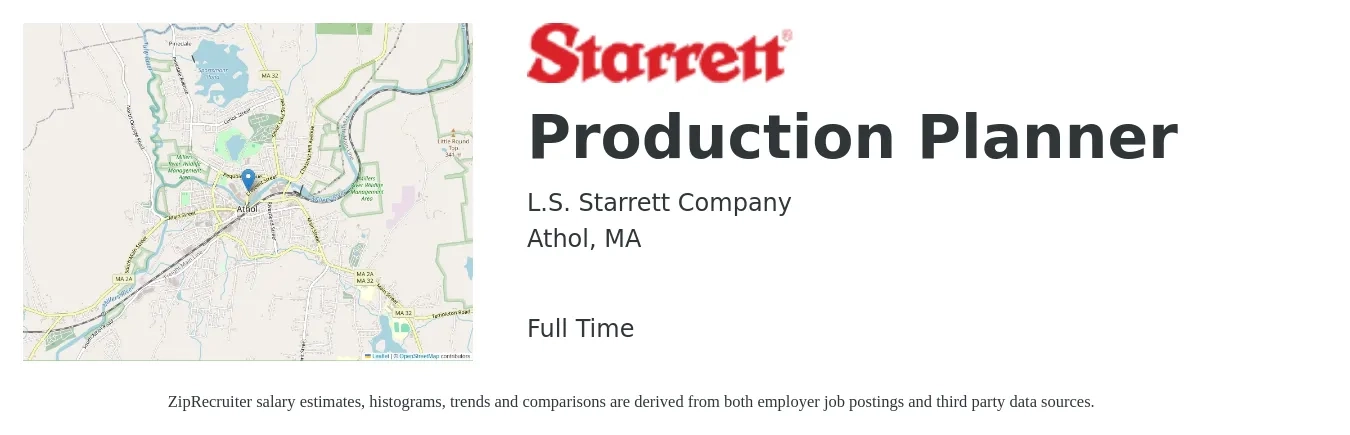 L. S. Starrett job posting for a Production Planner in Athol, MA with a salary of $27 to $38 Hourly with a map of Athol location.
