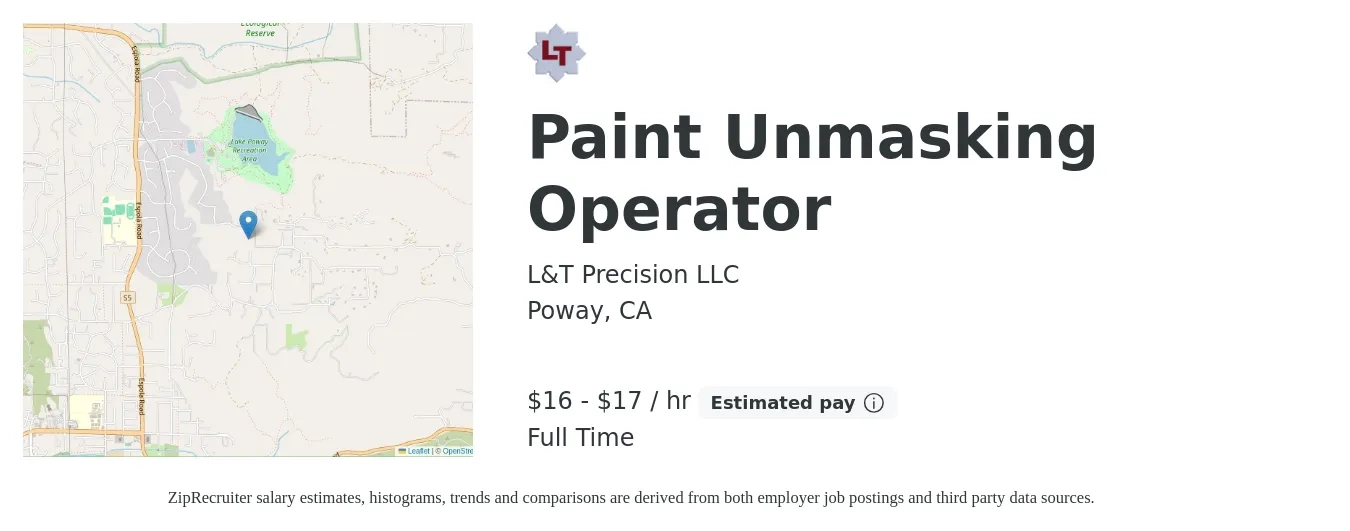 L&T Precision LLC job posting for a Paint Unmasking Operator in Poway, CA with a salary of $18 to $18 Hourly with a map of Poway location.