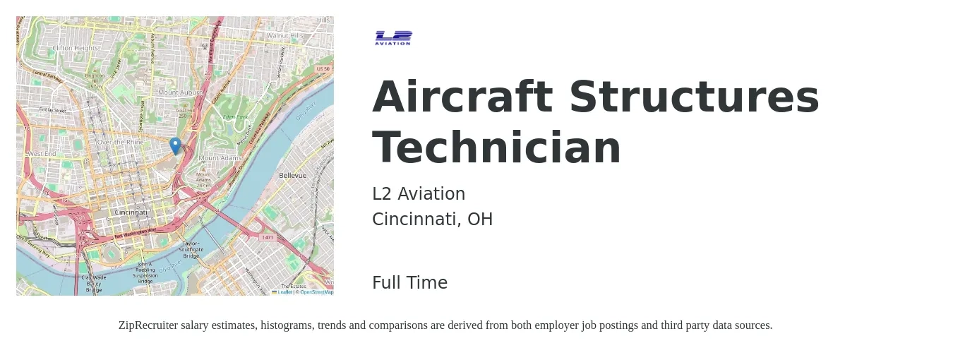 L2 Aviation job posting for a Aircraft Structures Technician in Cincinnati, OH with a salary of $27 to $49 Hourly with a map of Cincinnati location.