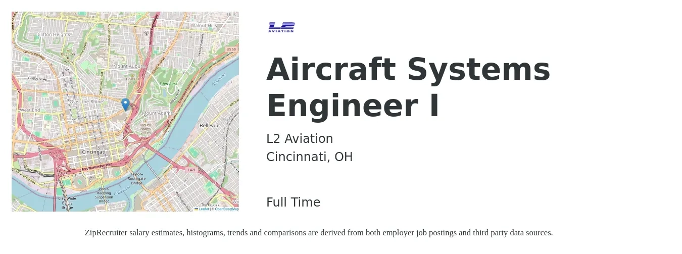 L2 Aviation job posting for a Aircraft Systems Engineer I in Cincinnati, OH with a salary of $112,800 to $151,700 Yearly with a map of Cincinnati location.