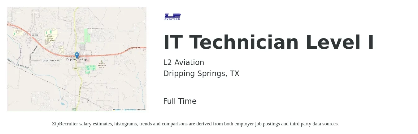 L2 Aviation job posting for a IT Technician Level I in Dripping Springs, TX with a salary of $39,800 to $58,400 Yearly with a map of Dripping Springs location.