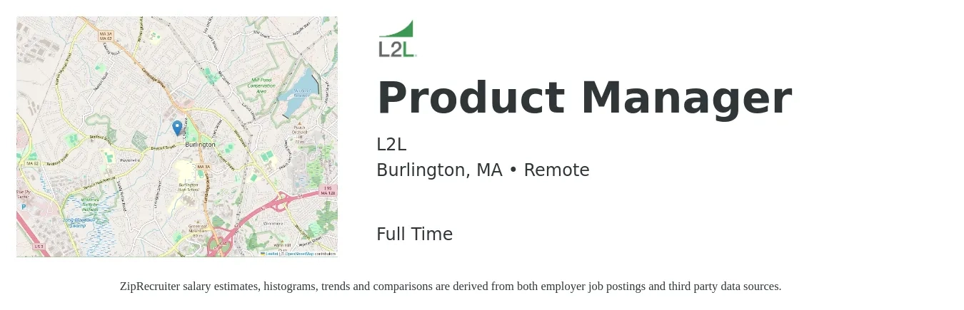 L2L job posting for a Product Manager in Burlington, MA with a salary of $153,400 to $214,400 Yearly with a map of Burlington location.