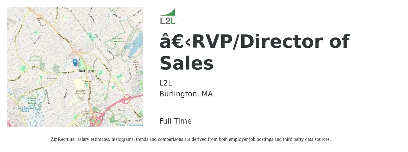 L2L job posting for a ​RVP/Director of Sales in Burlington, MA with a salary of $102,800 to $179,000 Yearly with a map of Burlington location.