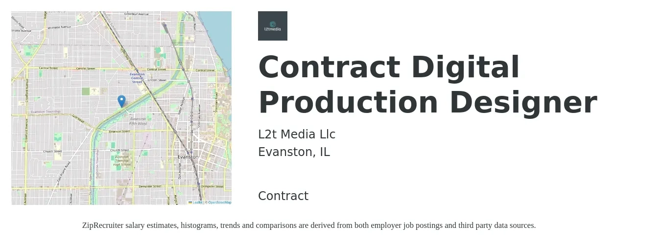 L2t Media Llc job posting for a Contract Digital Production Designer in Evanston, IL with a salary of $27 to $41 Hourly with a map of Evanston location.