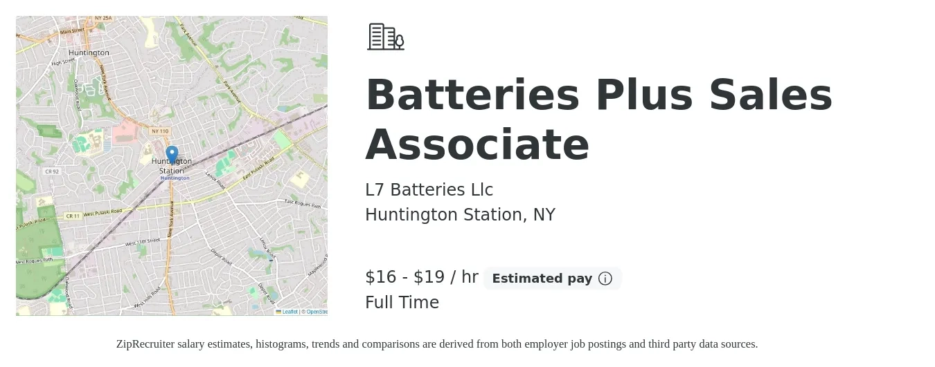 L7 Batteries Llc job posting for a Batteries Plus Sales Associate in Huntington Station, NY with a salary of $17 to $20 Hourly with a map of Huntington Station location.