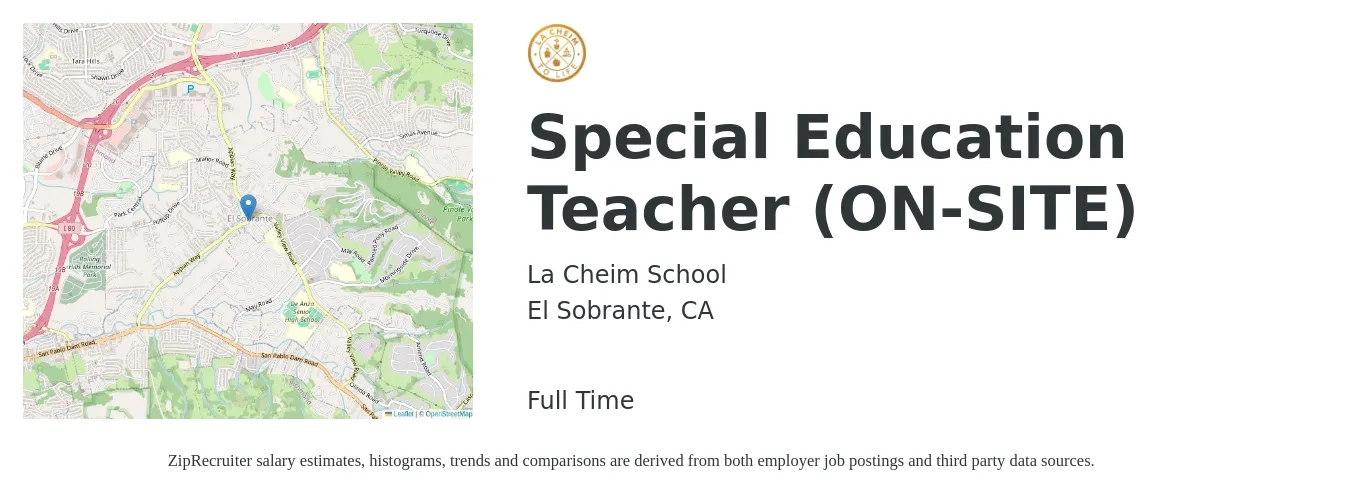 La Cheim School job posting for a Special Education Teacher (ON-SITE) in El Sobrante, CA with a salary of $71,900 to $81,900 Yearly with a map of El Sobrante location.