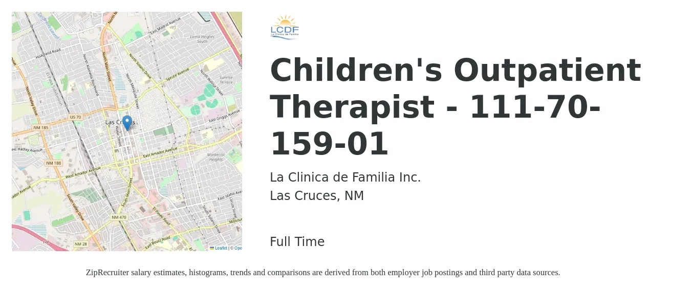 La Clinica de Familia Inc. job posting for a Children's Outpatient Therapist - 111-70-159-01 in Las Cruces, NM with a salary of $55,350 to $71,250 Yearly with a map of Las Cruces location.