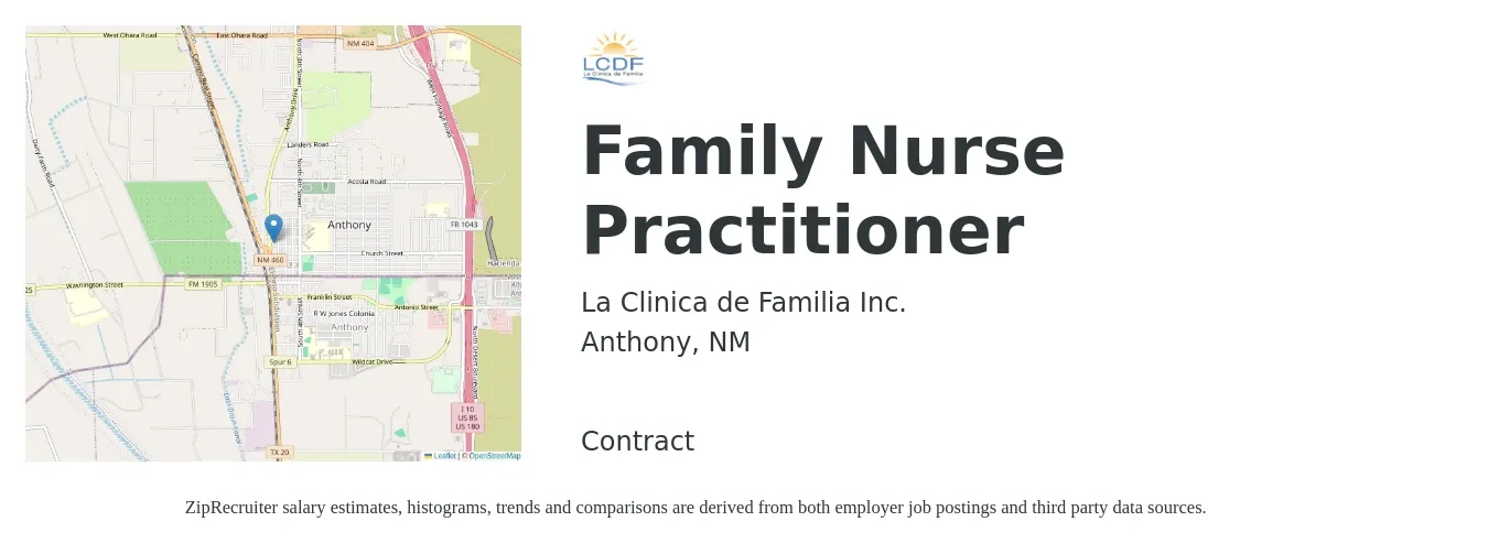 La Clinica de Familia Inc. job posting for a Family Nurse Practitioner in Anthony, NM with a salary of $98,100 to $124,300 Yearly with a map of Anthony location.