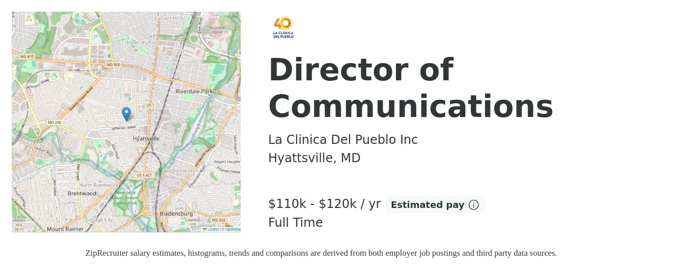 La Clinica Del Pueblo Inc job posting for a Director of Communications in Hyattsville, MD with a salary of $110,000 to $120,000 Yearly with a map of Hyattsville location.