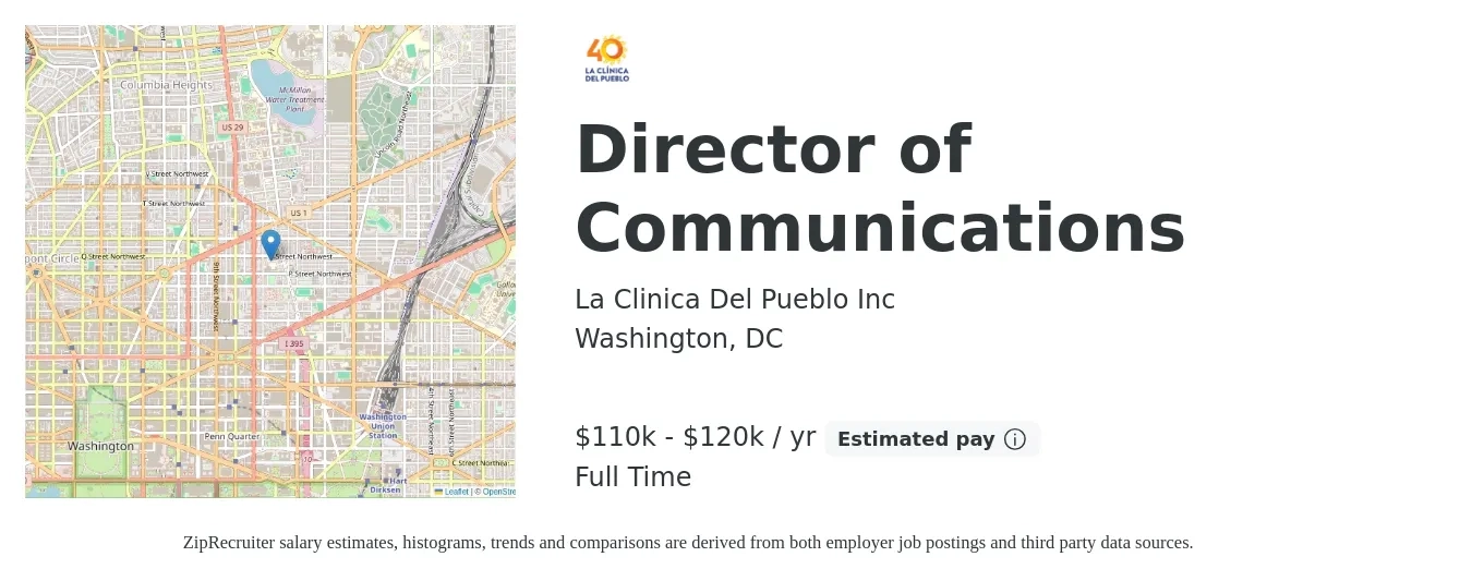 La Clinica Del Pueblo Inc job posting for a Director of Communications in Washington, DC with a salary of $110,000 to $120,000 Yearly with a map of Washington location.