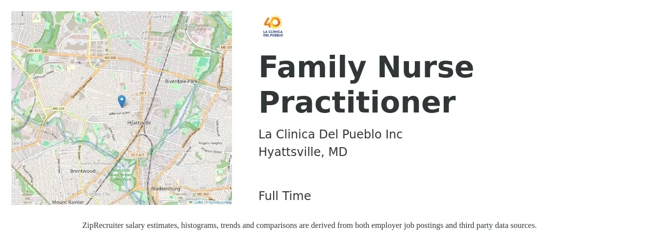 La Clinica Del Pueblo Inc job posting for a Family Nurse Practitioner in Hyattsville, MD with a salary of $111,300 to $141,000 Yearly with a map of Hyattsville location.