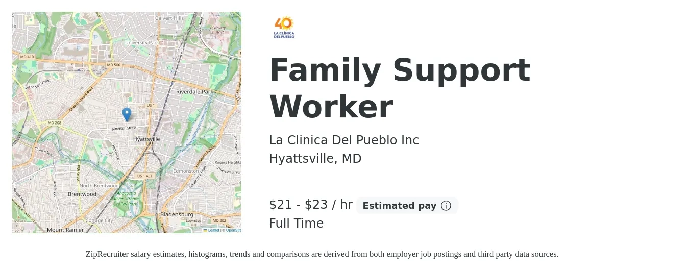 La Clinica Del Pueblo Inc job posting for a Family Support Worker in Hyattsville, MD with a salary of $22 to $24 Hourly with a map of Hyattsville location.