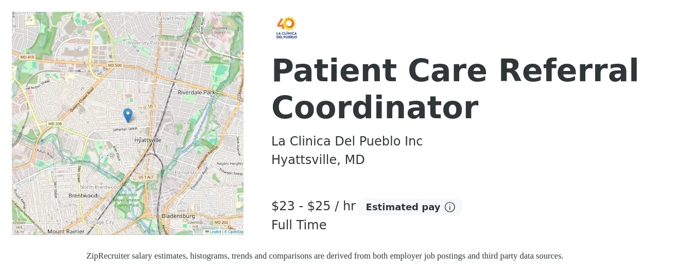 La Clinica Del Pueblo Inc job posting for a Patient Care Referral Coordinator in Hyattsville, MD with a salary of $24 to $26 Hourly with a map of Hyattsville location.