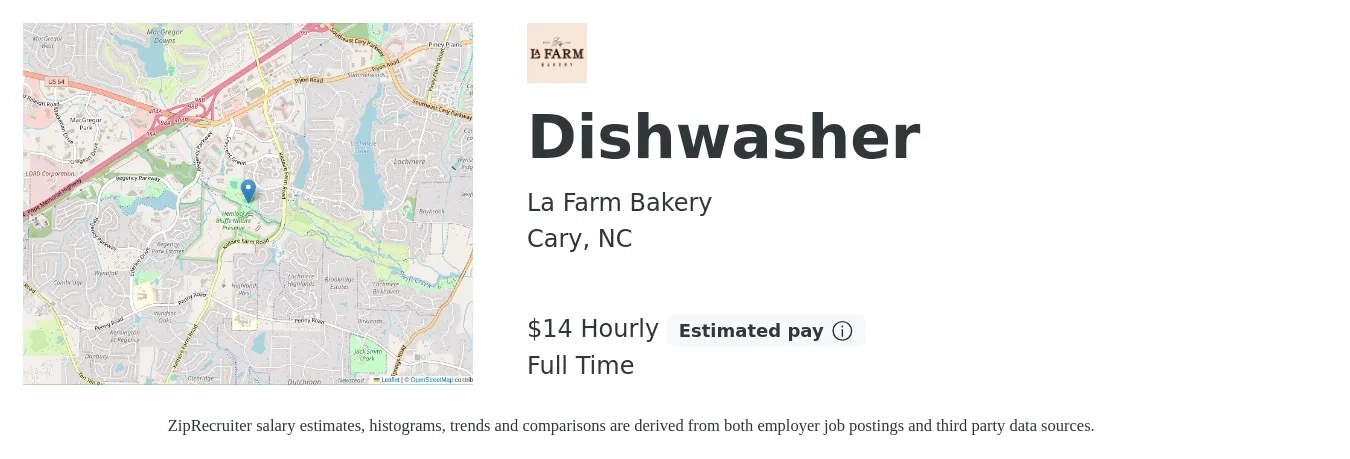 La Farm Bakery job posting for a Dishwasher in Cary, NC with a salary of $15 Hourly with a map of Cary location.