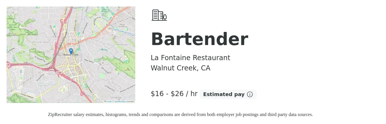 La Fontaine Restaurant job posting for a Bartender in Walnut Creek, CA with a salary of $17 to $28 Hourly with a map of Walnut Creek location.