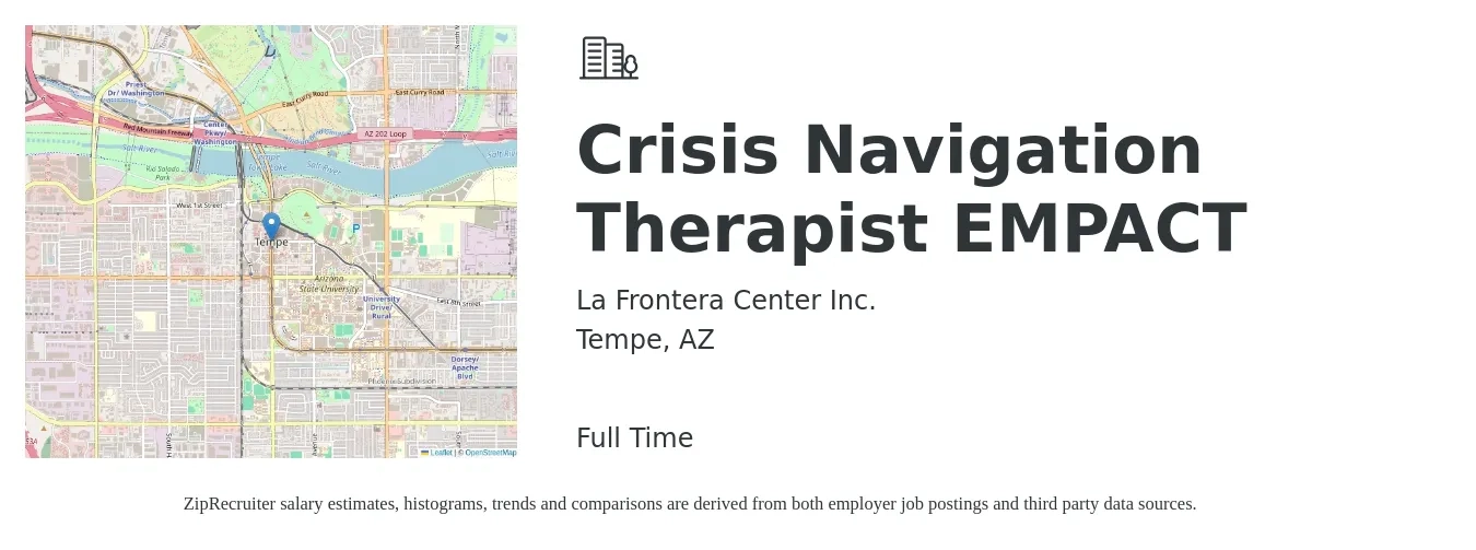 La Frontera Center Inc. job posting for a Crisis Navigation Therapist EMPACT in Tempe, AZ with a salary of $60,300 to $77,800 Yearly with a map of Tempe location.