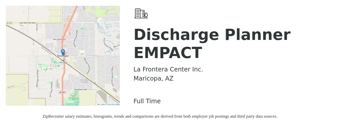 La Frontera Center Inc. job posting for a Discharge Planner EMPACT in Maricopa, AZ with a salary of $24 to $40 Hourly with a map of Maricopa location.