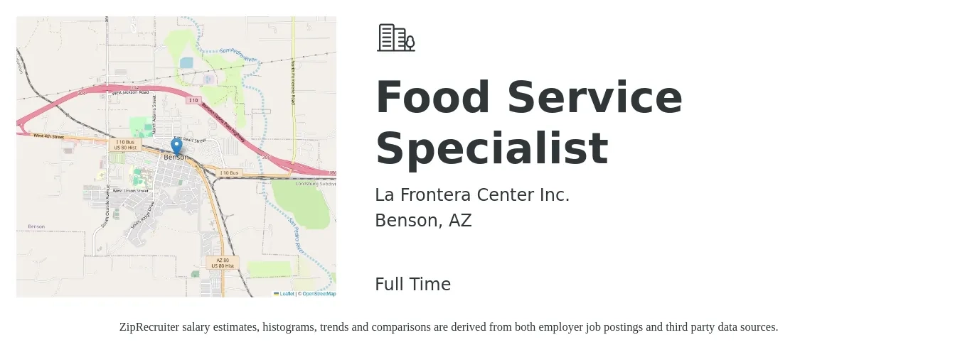 La Frontera Center Inc. job posting for a Food Service Specialist in Benson, AZ with a salary of $28,500 to $54,700 Yearly with a map of Benson location.