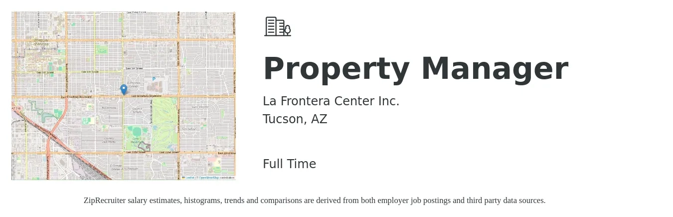 La Frontera Center Inc. job posting for a Property Manager in Tucson, AZ with a salary of $37,900 to $58,500 Yearly with a map of Tucson location.