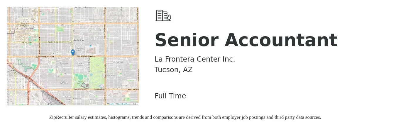 La Frontera Center Inc. job posting for a Senior Accountant in Tucson, AZ with a salary of $63,700 to $80,000 Yearly with a map of Tucson location.