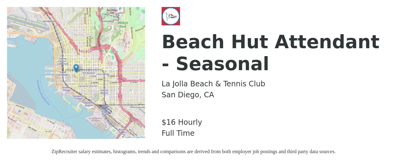 La Jolla Beach & Tennis Club job posting for a Beach Hut Attendant - Seasonal in San Diego, CA with a salary of $17 Hourly with a map of San Diego location.