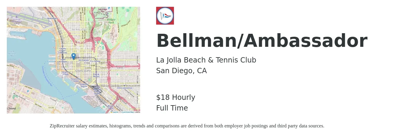 La Jolla Beach & Tennis Club job posting for a Bellman/Ambassador in San Diego, CA with a salary of $18 Hourly with a map of San Diego location.