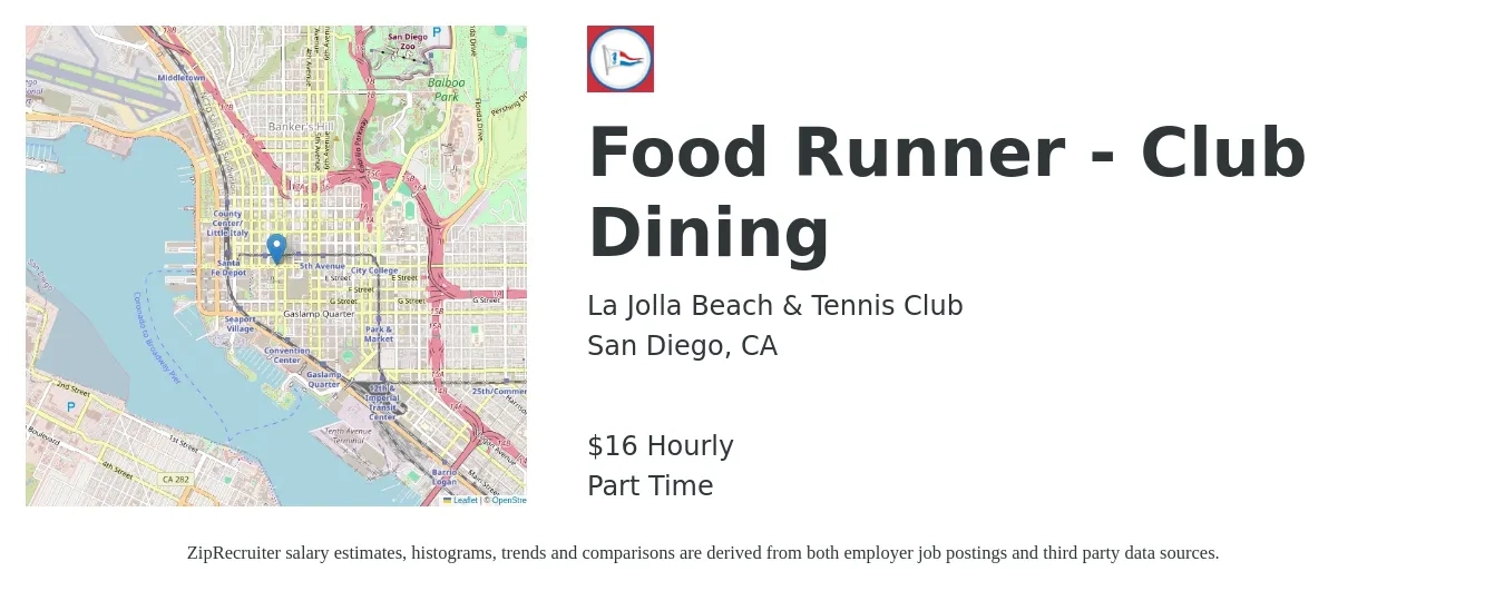 La Jolla Beach & Tennis Club job posting for a Food Runner - Club Dining in San Diego, CA with a salary of $17 Hourly with a map of San Diego location.