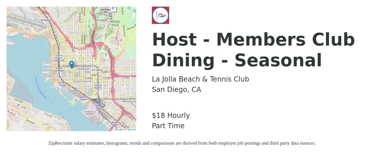 La Jolla Beach & Tennis Club job posting for a Host - Members Club Dining - Seasonal in San Diego, CA with a salary of $18 Hourly with a map of San Diego location.